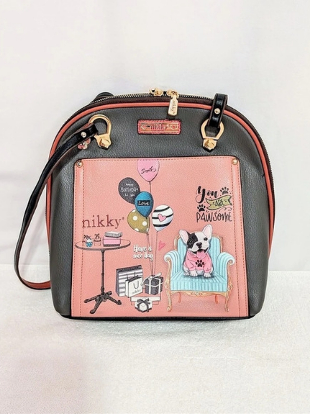 Nikky by Nicole Lee French Bulldog Convertible Backpack Crossbody Bag Pink Gray